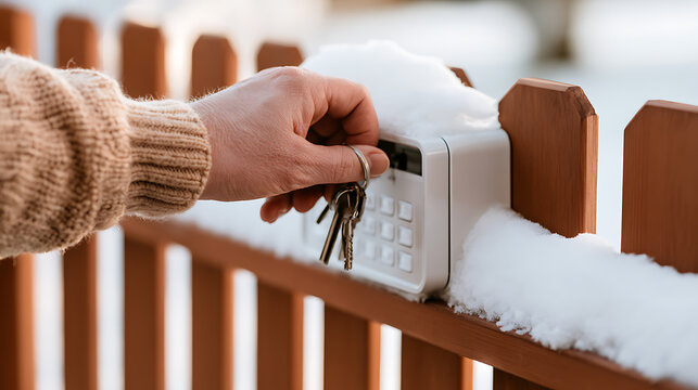 Close up of person hand hold key ring, disarm or arm house security system outdoor keypad near wooden fence covered with snow in winter