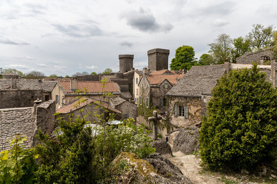 Rooftop view over the fortified village of La Couvertoirade, Aveyron, France