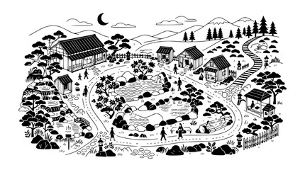 Fototapeta premium Japanese Village Illustration: Traditional Houses, Zen Garden, and Mountain Landscape
