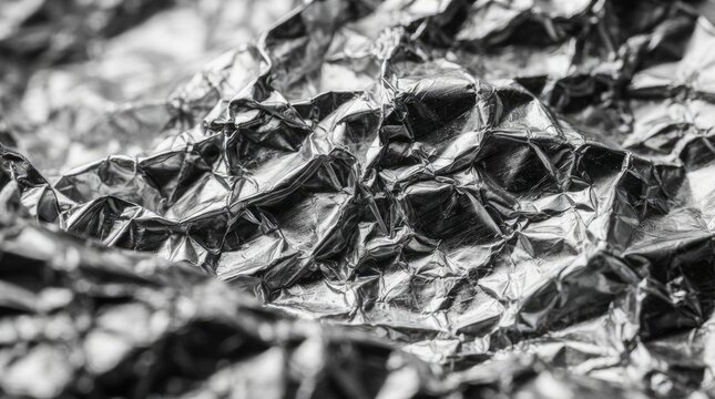 Macro texture of wrinkled aluminum foil reflecting silver light and shadow.