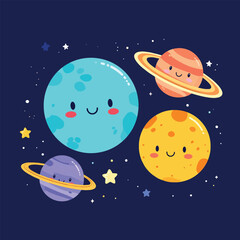 Naklejka premium Cute Kawaii Space Planets Vector Set with Smiling Ringed Saturn, Moon, and Colorful Stars on Dark Background