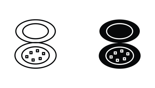 Makeup powder compact vector icon isolated on white Black and white outline line art and solid glyph silhouette
