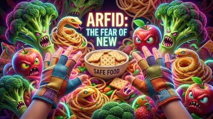 Obraz premium Arfid awareness concept with child hands reaching for safe food bowl. Scary vegetables and snakes surrounding healthy diet. Psychological eating disorder and sensory aversion illustration.