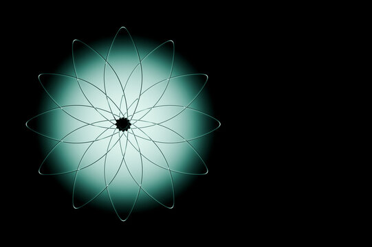 3D teal flower black glow forms a geometric abstract bloom with luminous symmetry and delicate line petals