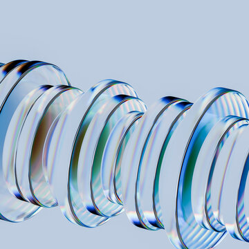 3D glass rings gray row landscape creates a minimal prismatic sequence with translucent reflections and airy negative space