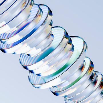 3D glass rings gray diagonal spiral create a close abstract helix with iridescent reflections and luminous depth