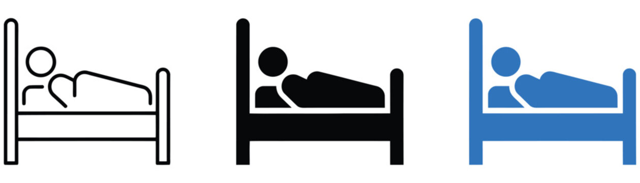 Person sleeping in bed icon set. Hotel accommodation symbol collection. Simple pictograms for hospital patient, bedroom rest, overnight stay, and hostel sign design.