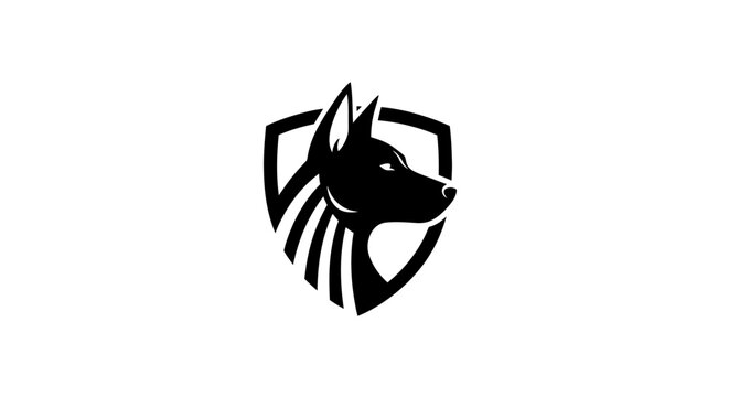 Black dog head silhouette inside a shield logo.