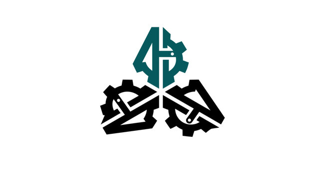 Black industrial gear logo with geometric interlocking elements