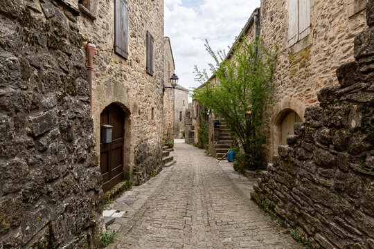 Stone alley in the historic village of La Couvertoirade, Aveyron, France