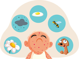 Obraz premium Baby With Allergy Symptoms Surrounded By Common Allergen Triggers Vector. Cartoon vector illustration of a crying child with red skin rash spots surrounded by allergy triggers like egg, bee, dust