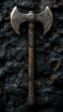 Ornate double-headed axe with a wooden handle against a dark stone wall