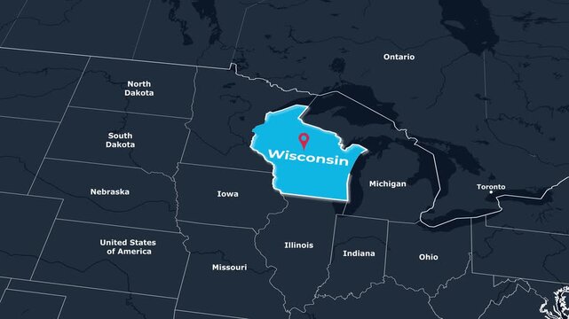 4k Animated map locator showing Wisconsin highlighted on a map of the United States with a smooth zoom-in transition, border outline