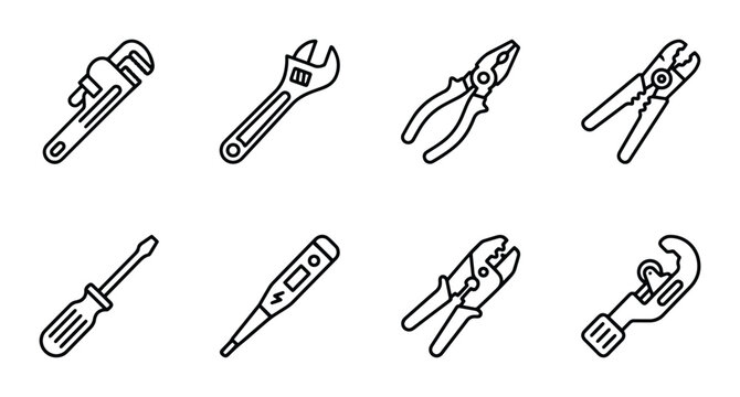 Plumbing Tools Vector Icons: Wrench, Pliers, Screwdriver, Cutter Set for DIY and Repair