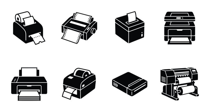 Printer Icons Set: Office, Retail, and Large Format Printing Equipment Vector Graphics