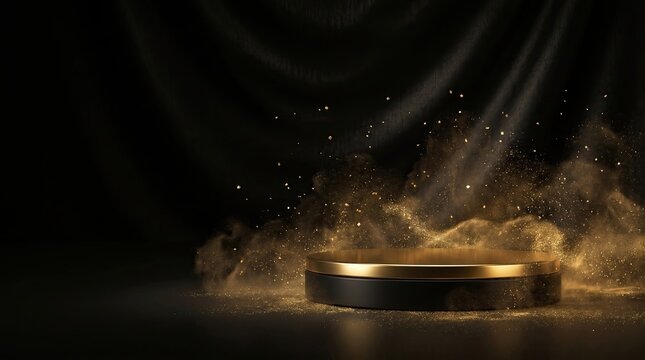 Empty black podium with golden liquid splash and light effects for luxury product presentation on dark background
