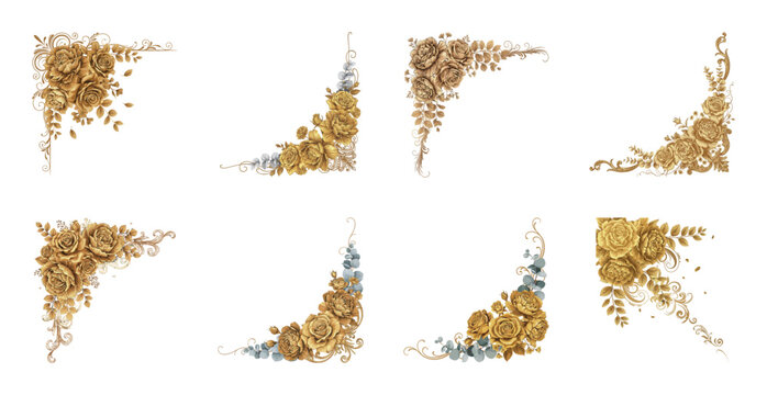 Set of gold rose corner borders with silver leaves elegant frames for wedding decor.