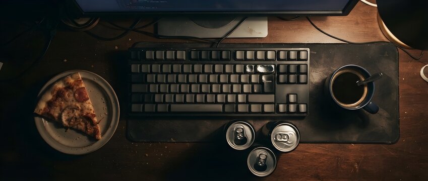 Overhead view of a dark, wood grain desk. A mechanical keyboard sits centered. To the left, a slice of pepperoni pizza on a plate. To the right, three open soda cans and a blue mug of coffee.
