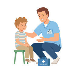 Fototapeta premium A friendly male nurse comforts a sad young boy sitting on a stool, reassuring him with a medical kit nearby.