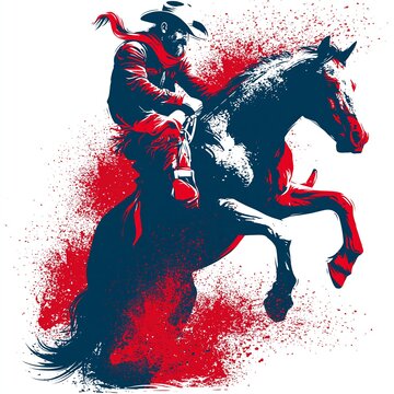 Cowboy riding bucking bronco with dynamic red splashes. Cowboy rider skillfully staying on a wild bucking bronco in a challenging rodeo event