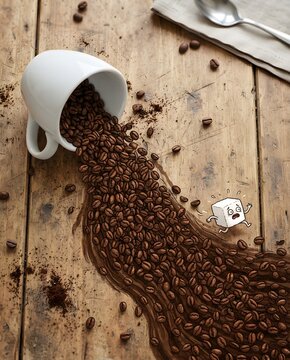 Overhead shot of a white cup spilling roasted coffee beans across a rustic wooden table with an illustrated sugar cube running away from the dark wave.
