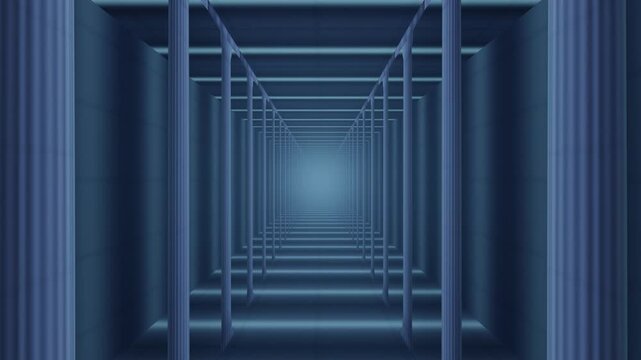 Endless Fluted Stone Colonnade With Light Shafts Between the Pillars, Zoom In Moving Forward, Seamless Loop in bright azure tones