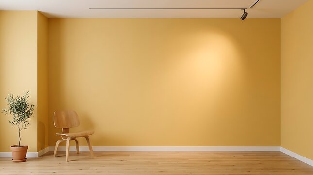 Minimalist living room interior featuring yellow walls wooden chair and small potted plant