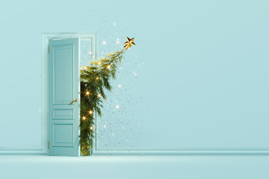 Christmas tree enters the door. Christmas is here concept on blue background with copy space. 3D Rendering, 3D Illustration
