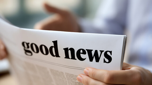 A close up view of person hands hold paper newspaper with bold headline text about good news in daily press publication for information