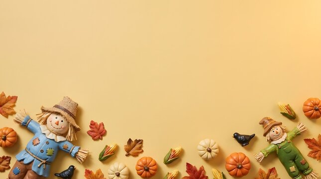 Two cute scarecrow dolls surrounded by colorful autumn leaves on a plain light orange background top view