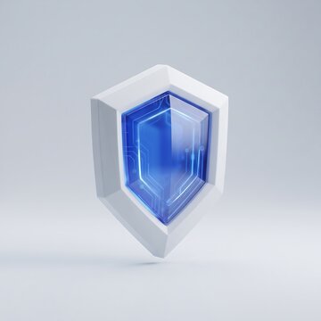 3D geometric shield icon with cobalt blue glass face and white frame isolated on light background