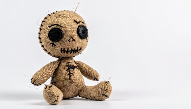 Small burlap voodoo doll with button eyes and stitched mouth on a white background