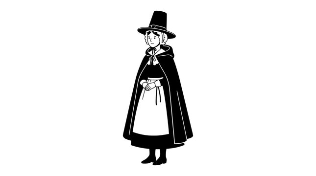 Pilgrim woman in historical costume with hat and cape, isolated on white background