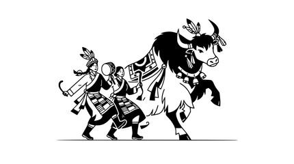 Fototapeta premium Tibetan people in traditional dress leading a decorated yak, cultural illustration