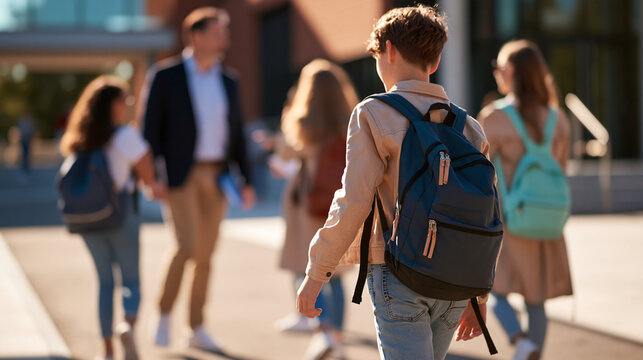 group of students and a teacher walking together outside a bright school building, engaged in conversation, rear view with faces out of frame, clean daylight pavement and