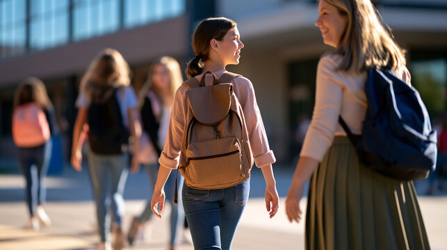 group of students and a teacher walking together outside a bright school building, engaged in conversation, rear view with faces out of frame, clean daylight pavement and