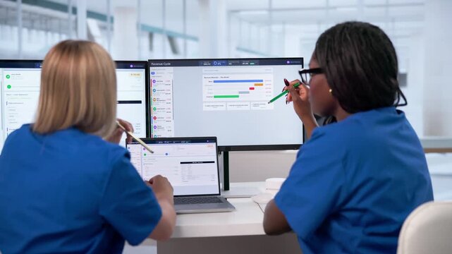 Healthcare Revenue Manager Reviews Insurance Claims Using Laptop