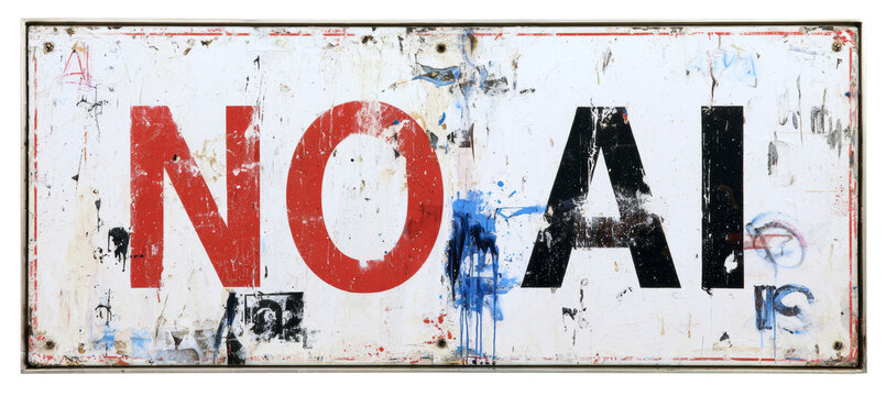 "NO AI" word sign. Ban restriction warning. Generative AI technology.
