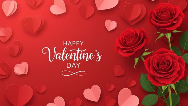 Happy Valentines Day Greeting with Red Roses and Paper Hearts Background