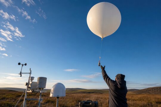 Horizontal wide banner photograph of a meteorologist releasing a large white weather balloon with a radiosonde device attached at a high-altitude weather monitoring station under clear blue sky.