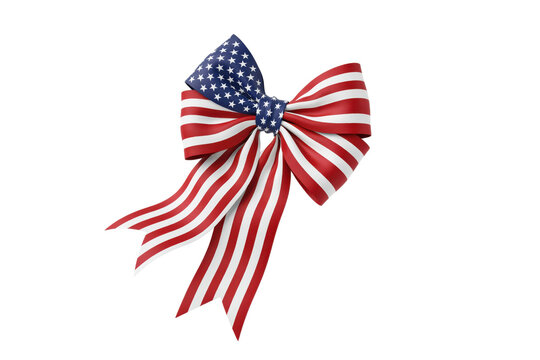 Decorative fabric bow featuring red white and blue american flag pattern for patriotic holiday celebrations isolated on a transparent background