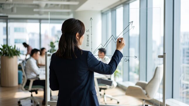 Businesswoman drawing rising revenue graph on transparent glass board, financial growth, corporate strategy presentation, increasing profit chart, quarterly analysis, Q1 to Q4