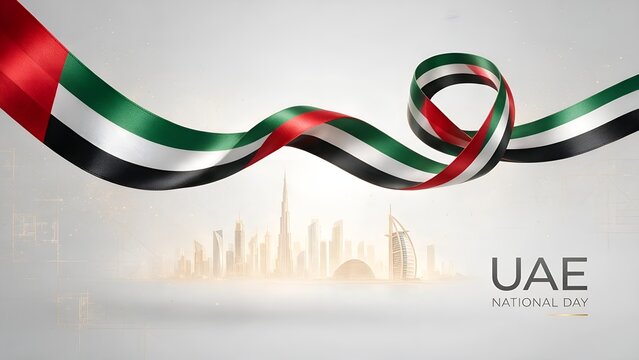 Wavy ribbon featuring vibrant colors of United Arab Emirates flag floating elegantly above a detailed blurry silhouette of the famous Dubai city skyline during daylight celebration