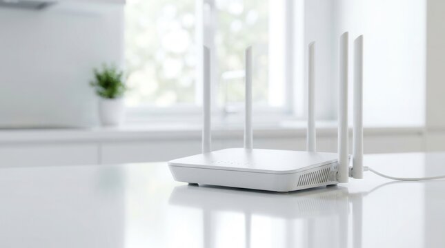 White wireless internet router device with four antennas on a glossy kitchen table in a bright modern residential home