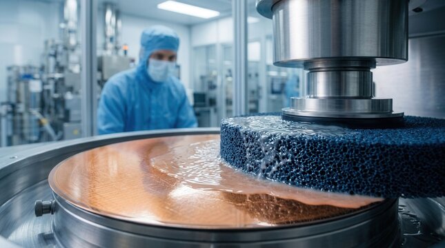 Detail of slurry and pad interaction for metal layer planarization during chip fabrication.