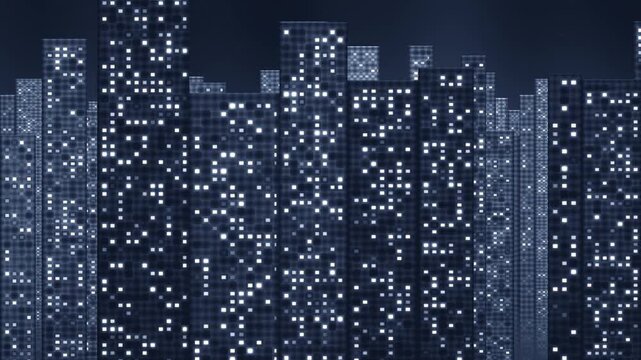 Night City Window Grid Layers Panning Sideways With Depth Parallax, High Rise Skyline Seamless Loop in bright blue tones