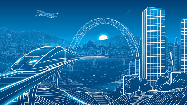 Futuristic high speed train traveling on an elevated railway through a modern smart city with large arch bridge, skyscrapers, mountains, wind turbines and airplane. Concept of future transportation
