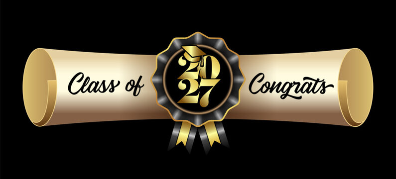 Class of 2027 congrats, Diploma scroll 3D. Congratulation graduate with diploma and numbers 2027 in graduation hat