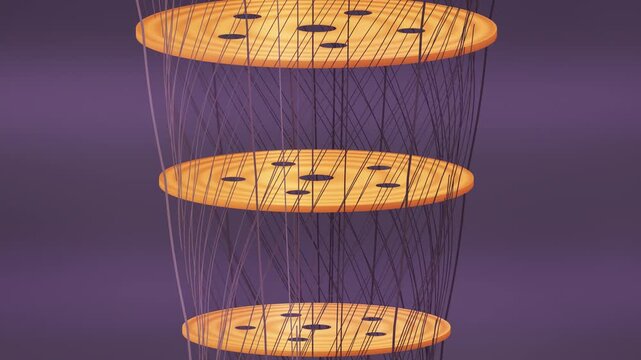 Rotating Gold Plate Stack of a Quantum Computer Dilution Refrigerator With Spiraling Coaxial Cables, Seamless Loop in soft gold tones
