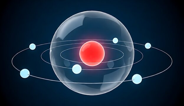 Abstract 3D atom model with glowing red nucleus and orbiting electrons on dark background